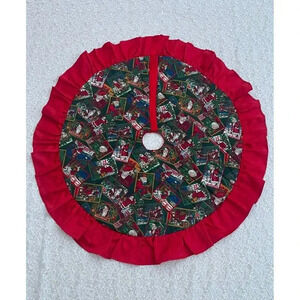 Vintage Handmade Holiday Christmas Tree Skirt Santa Claus Ruffle Pleated Red 36"